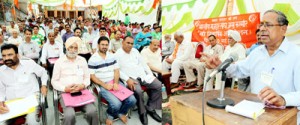 Speakers highlighting workers’ issues during BMS Convention at Jammu on Sunday. -Excelsior/Rakesh