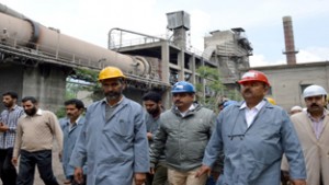 Minister for Industries and Commerce, Chander Parkash Ganga during his visit to JK Cement Factory Khrew on Thursday.