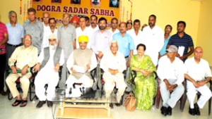 President, Dogra Sadar Sabha, Gulchain Singh Charak and other Central Working Committee members during a meeting at Sabha Bhawan, Jammu on Sunday.