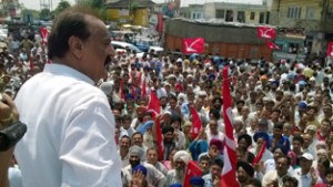 SS Slathia addressing protest rally at Vijaypur on Tuesday.