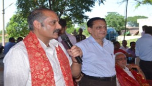 MLC Vikramaditya addressing farmers at village Rara in Ramgarh on Friday.