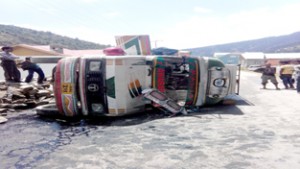 The ill-fated vehicle after accident at village Neota in tehsil Bhaderwah. -Excelsior/ Tilak Raj