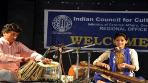 Mukteshi Sharma giving her performance in singing during Swar Sudha by ICCR Jammu on Saturday. 