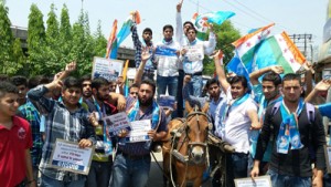 NSUI activists during a protest against Central Government at Jammu on Saturday.