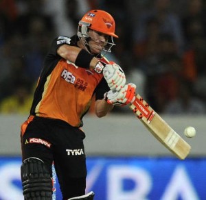 Sunrisers Hyderabad skipper David Warner cover driving during his knock of 61 runs against CSK at Hyderbad.