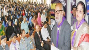 Naeem Akhtar and Priya Sethi addressing a gathering during Oath ceremony organised by Bharat Scouts & Guides at Srinagar on Monday.