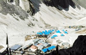 A view of the camp at holy cave shrine of Shri Amarnath Ji on Saturday.