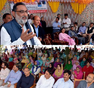 Minister for Finance Dr Haseeb Drabu addressing a gathering at Srinagar on Monday.