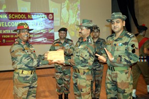 Dignitaries during closing ceremony of North Zone Inter Sainik Schools Sports Meet at Jammu.