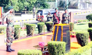GOC-in-C Lt Gen D S Hooda paying homage to the martyrs at Dhruva War Memorial on Wednesday.