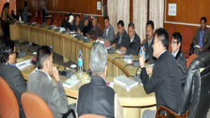 CEC, LAHDC Rigzin Spalbar chairing a meeting at Leh on Monday.