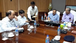 Union Minister Dr Jitendra Singh holding a meeting with Chief Minister Manipur, Okram Ibobi Singh and senior officers of State administration and security forces at Imphal on Thursday.