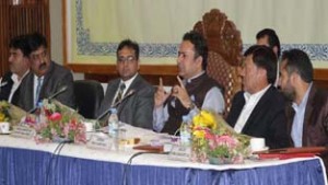 Minister for CA&PD Choudhary Zulfkar Ali chairing a meeting at Srinagar on Friday.