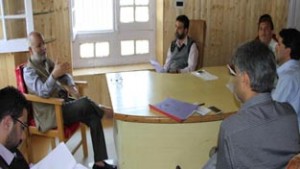 Minister for Education, Naeem Akhtar interacting with officials in a meeting at Srinagar on Saturday.