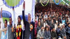 PCC chief G A Mir and other senior leaders at Congress convention at Kulgam on Wednesday.