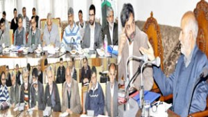 Minister for Education, Naeem Akhtar chairing a meeting at Srinagar on Friday.