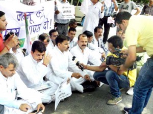 NPP leaders and workers staging protest dharna at Jantar-Mantar in New Delhi on Thursday.