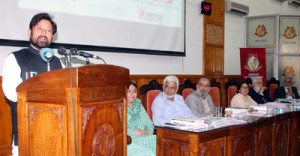 Health Minister Ch Lal Singh addressing senior medical officers during review of healthcare facilities for Amarnath yatris at Srinagar.