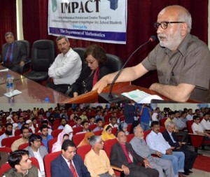 Minister for Education, Naeem Akhtar speaking at a seminar at Awantipora on Wednesday.