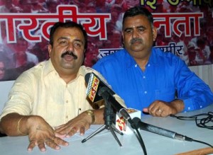 BJP leader Vikram Randhawa addressing  a press conference at Jammu on Wednesday.