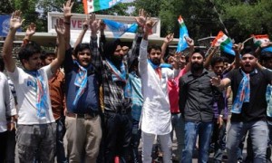 NSUI activists protesting at JU on Wednesday.