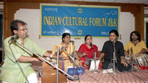 Artists performing during musical programme organised by ICF at KL Saigal Hall on Monday.    —Excelsior/Rakesh