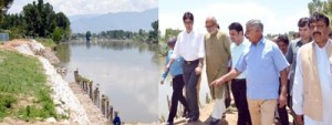 Minister for PHE, Sukhnandan Kumar Choudhary flanked by Minister for Education, Naeem Akhtar inspecting flood restoration works on Tuesday.