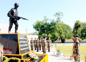 Maj Gen BK Guha, Chief of Staff, White Knight Corps salute at War Memorial at Nagrota in Jammu.