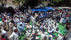 NC workers staging protest dharna at Mendhar on Tuesday.