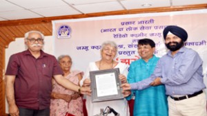 Prof Rita Jatendra being felicitated at Jammu on Thursday.