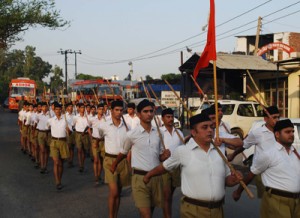 RSS volunteers taking out route march in Jammu on Wednesday.— Excelsior/Rakesh