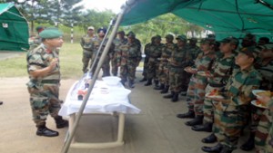 GOC White Knight Corps, Lt Gen K H Singh interacting with troops at RR Force Headquarters, Reasi on Wednesday. 