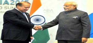 Prime Minister Narendra Modi meeting his Pakistan counterpart Nawaz Sharif in Ufa, Russia on Friday. (UNI)