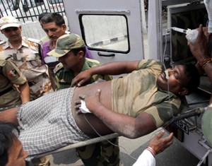 An injured BSF jawan being admitted in the GMC Jammu on Wednesday. — Excelsior/Rakesh