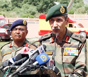 Northern Command chief Lt Gen D S Hooda speaking to reporters at Drass on Sunday.