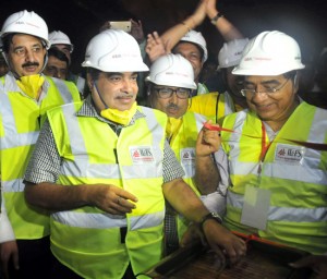 Union Minister Nitin Gadkari triggering final blast at Chenani-Nashri tunnel on Monday. -Excelsior/Vasu Gupta