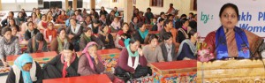 Minister of State for Education, Information and Culture, Priya Sethi delivering lecture during a seminar on women in Leh on Sunday.