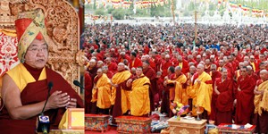 Sakya Trizin Rinpoche delivering religious discourses at Choglamsar on Tuesday.