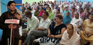 Rajiv Chuni, Chairman, SOS International, addressing a rally of PoK DPs at Rehari in Jammu.