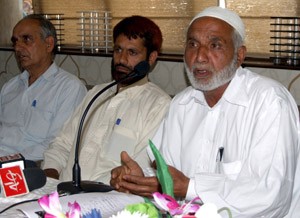 Saffron growers at a press conference at Srinagar on Wednesday.