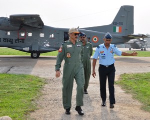 Air Marshal Devendra Singh Rawat during inspection at Air Force Station Jammu on Wednesday.