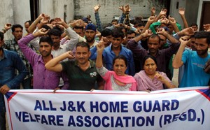 Home Guards during a protest at Jammu on Tuesday. — Excelsior / Rakesh