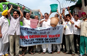 Protesters raising slogans and demanding regular drinking water supply in Jammu on Wednesday.