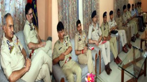 DGP, K Rajendra Kumar chairing police officers meeting at Baramulla on Wednesday.