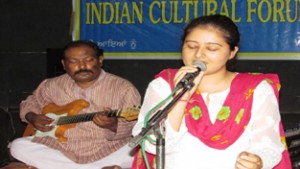 An artist presenting Dogri song during cultural meet in Jammu on Monday.