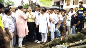 Speaker Kavinder Gupta interacting with people at Nai Basti on Monday.