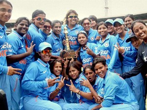 Indian women's cricket team celebrate with trophy as they won ODI series against New Zealand by 3-2 at Chinnaswamy stadium in Bangalore.