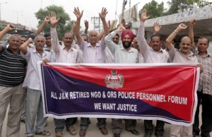 Retired police personnel during a protest in Jammu on Sunday.-Excelsior/ Rakesh