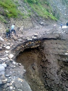 ‘Death trap’ created by rains near Thathri on Batote-Doda-Kishtwar NH on Thursday.