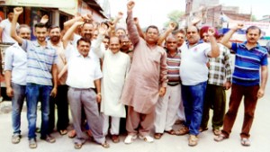 Members of JWO, Unit Roop Nagar Enclave, Jammu, during a protest on Friday.